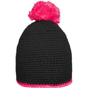 A black knitted hat with a pink pompon on top and a pink contrast stripe around the bottom. It features a branding logo.