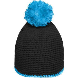 A black knitted pompon hat with a fluffy blue pompom and a contrasting blue stripe at the base.