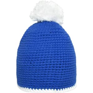 A blue knitted hat with a white contrast stripe and a fluffy pompon on top. It features a simple, rounded design.