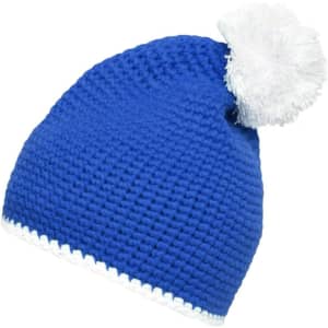 A blue knitted hat with a white pompom and a contrasting white stripe at the base. It features a logo.
