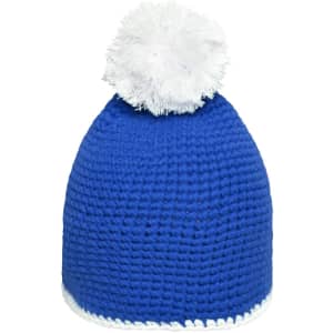 A blue knitted hat with a white pompom and a white contrast stripe at the bottom, featuring a logo.