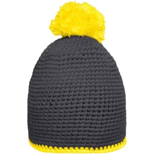 A black knitted beanie with a yellow pompom on top and a yellow contrast stripe at the base.