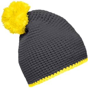 A grey knitted hat featuring a bright yellow pompon and contrast stripe along the bottom. It has a logo.