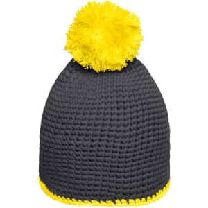 A knitted pompon hat in grey with a bright yellow pompom and contrast stripe at the base.