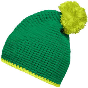 A green knitted hat with a bright yellow pompom and contrast stripe at the base. It features a logo.