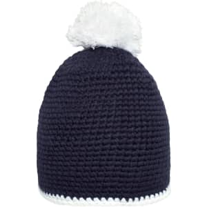 A navy blue knitted hat with a white pompom on top and a contrasting white stripe at the base.