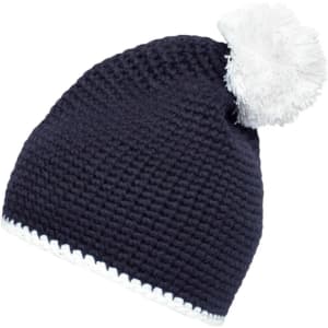 A navy pompon hat with a white contrast stripe and a fluffy white pompom on top. It features a knitted design.