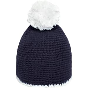 A navy blue knitted hat with a white pompom and contrast stripe at the bottom. It features a logo.