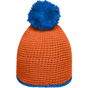 An orange knitted hat with a blue pompom on top and a blue contrast stripe around the base.