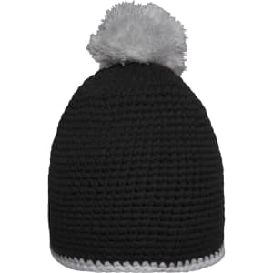 A beanie featuring a black knitted design with a contrasting white stripe and a fluffy grey pom-pom on top.