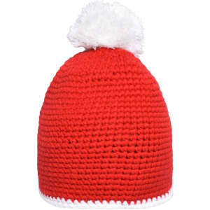 A red knitted hat with a white pompom on top and a white contrast stripe at the bottom.