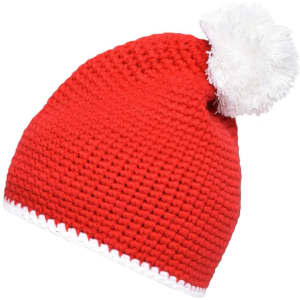 A red knitted hat with a white pompon and a contrast stripe at the bottom. It features a logo.