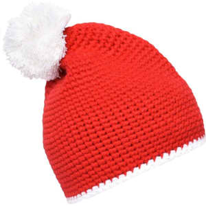 A red crochet hat with a white pompom and a contrast white stripe at the base. It features a logo.