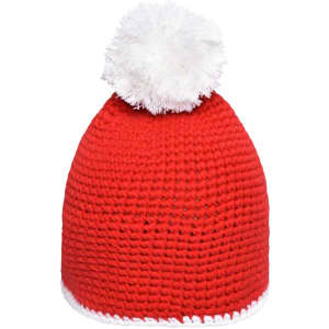 A red knitted hat with a white pompon on top and a contrast white stripe at the bottom. It features a logo.
