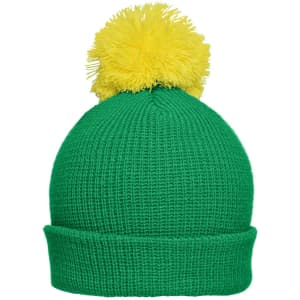 A green knitted beanie with a yellow pompon on top. The hat features a folded brim and has a logo.