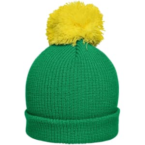 A green Pompon Hat with a yellow pompom on top and a rolled brim, featuring a logo.