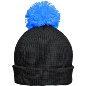 A black knitted hat featuring a bright blue pompom on top, with a rolled brim at the base.