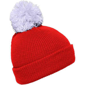 A red knit beanie with a white pompom on top and a folded brim. It features a logo.