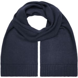 A navy blue scarf with a ribbed texture and a wide, flat design, featuring a logo.