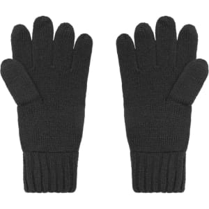 A pair of black knitted gloves with a ribbed cuff, featuring five fingers and a textured pattern.