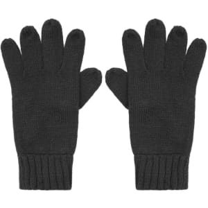 A pair of black knitted gloves with a ribbed cuff and five-finger design. The gloves have a branding logo.