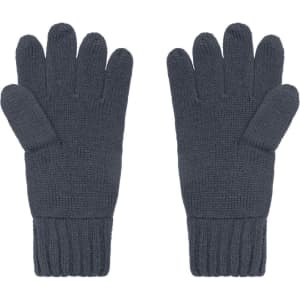 A pair of dark grey knit gloves with a ribbed cuff design. The gloves feature a five-finger style and a textured surface.