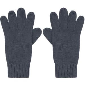 A pair of dark grey knitted gloves with a ribbed cuff, featuring five fingers each and a logo on one glove.