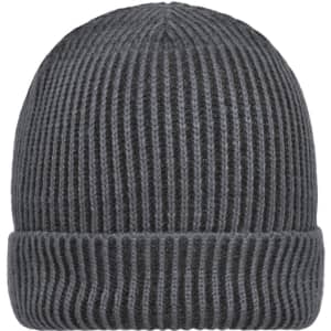 A ribbed beanie in a dark grey colour, featuring a folded cuff and textured design. Contains branding.
