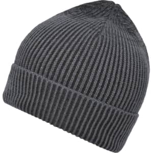 A dark grey ribbed beanie featuring a textured design and a fold-over cuff. It has a subtle logo.