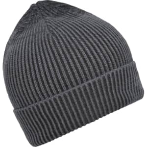 A ribbed beanie in dark grey with a logo. The beanie features a classic, snug fit design.