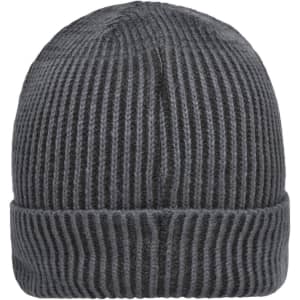 A grey ribbed beanie featuring a rolled cuff, with a textured fabric design and a brand logo.