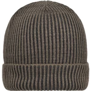 A ribbed beanie in dark grey with a classic fold-up design and subtle branding.