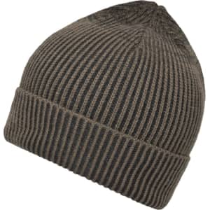 A ribbed beanie in a dark brown hue, featuring a textured design and a folded cuff. It has a logo on it.