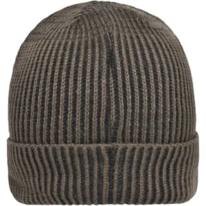 A ribbed beanie in a brown and black colour scheme, featuring a folded brim and a textured design.