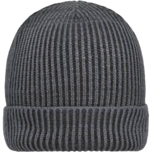 A ribbed beanie in dark grey, featuring a fold-over cuff and a textured design. It has a branding logo.