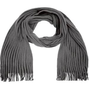 A grey ribbed scarf with fringed ends, featuring a textured design and a subtle logo.
