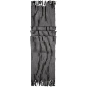 A ribbed scarf in various shades of grey, featuring a fringed design and a branding logo.