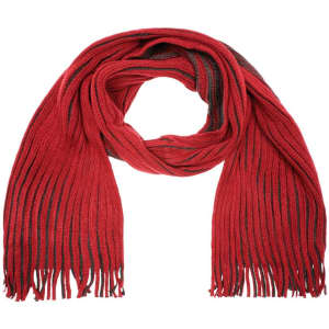 A ribbed scarf in red with grey accents and fringed ends, featuring a logo.