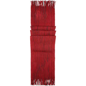 A ribbed scarf in bright red with black stripes, featuring fringed ends. It has a logo.