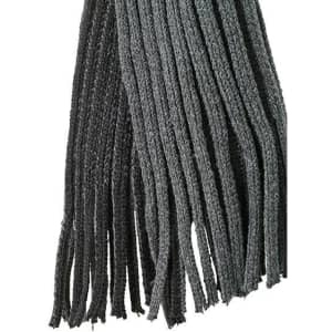 A ribbed scarf in shades of dark grey, featuring textured strands and a subtle logo.