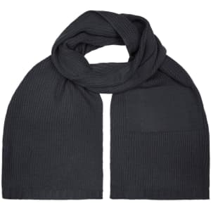 A dark grey scarf with a ribbed texture, featuring an attached pocket and a logo.