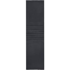 A black promotional scarf featuring a logo, designed with a smooth texture and rectangular shape.