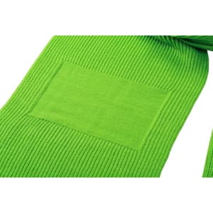 A vibrant green scarf featuring a textured design and a blank patch for branding or decoration.
