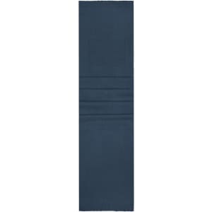 A navy blue scarf with a smooth texture and subtle folded sections, featuring a logo.