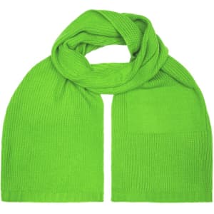 A bright green scarf with a textured design and a pocket feature. It includes a logo.