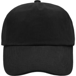 A black 5 panel cap with a flat brim and a branded logo.