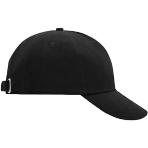 A black 5 panel cap featuring a curved peak and an adjustable strap. It includes a logo on the side.