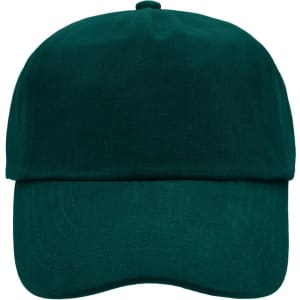 A dark green 5 panel cap featuring a structured crown and a stiff visor. Includes a logo on the front.