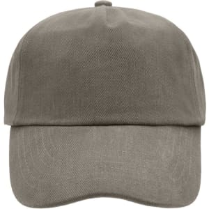 A five-panel cap in a neutral grey colour, featuring a rounded crown and a stiff brim. It has a logo on the front.
