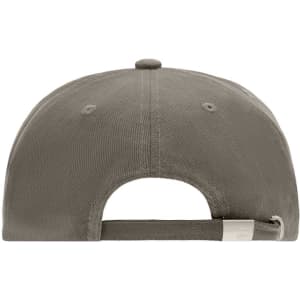 A grey 5 Panel Cap featuring a smooth fabric and an adjustable strap at the back. Includes a small logo.